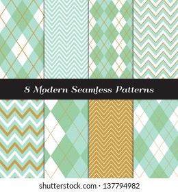 Chevron and Argyle Patterns in Green Mint and Gold. Pattern Swatches made with Global Colors - easy to change all patterns in one click.