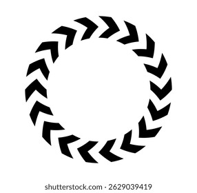 Chevron arrow circle. Chevron shape round frame. Motion direction road border. Triangle arrow sign. Warning repeat stripe. Circle arrow icon. Vector illustration isolated on white background.