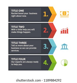 Chevron arrow infographic template. Perfect as a note-box or additional info for your website. Template with four options in solid corporate colors.