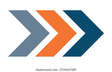 Formas de flecha de Chevron apuntando hacia la derecha en colores azul y naranja, ilustración geométrica limpia para el concepto de dirección comercial, progreso y movimiento, flechas de diseño plano mínimo para infografía