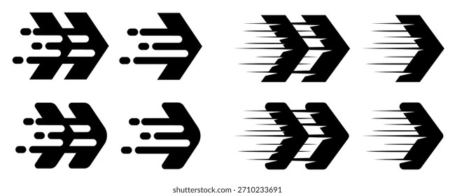 Chevron arrow vector icons with speed lines and fluid motion dots symbolizing fast delivery, quick action technology, or powerful movement for logo and graphic design.