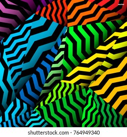 Chevron background, rippled rainbow and black pattern.