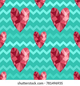 Chevron background and triangular hearts. Seamless vector pattern.