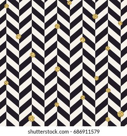 Chevron schwarzes Muster und goldene chaotische Punkte. Nahtlose Muster, Design-Hintergrund. 