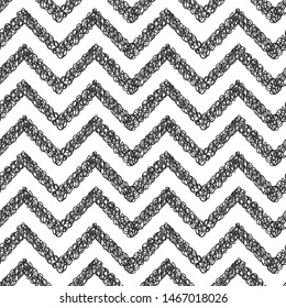 Chevron Black and White Colors Seamless Pattern. Hand Drawn Doodle Sketch Grunge Strokes. Vector Abstract Zigzag Striped Background.