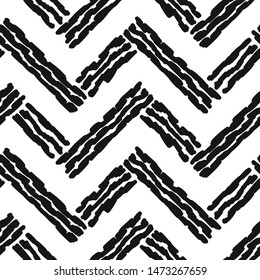 Chevron Black and White Seamless Pattern. Hand Drawn Doodle Stripes. Vector Abstract Zigzag Striped Background.