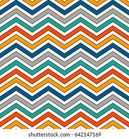 Chevron diagonal stripes abstract background. Bright seamless pattern with classic geometric ornament. Zigzag horizontal lines wallpaper. Vivid digital paper, textile print, page fill. Vector art