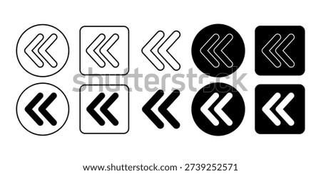 Chevron double left arrow outline icon set for navigation menus, pagination systems, media controls, and interface direction elements.