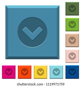 Chevron down engraved icons on edged square buttons in various trendy colors