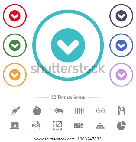 Chevron down flat color icons in circle shape outlines. 12 bonus icons included.