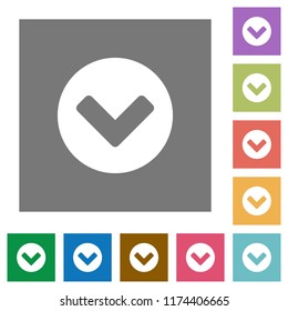 Chevron down flat icons on simple color square backgrounds