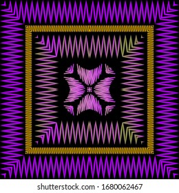 Chevron embroidery violet vector seamless pattern. Stitching textured zigzag background. Tapestry repeat zig zag backdrop. Embroidered stripes, zigzag lines, geometric shapes, frames, squares, borders