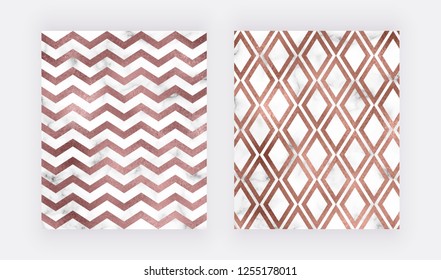 Chevron foil texture and geometric lines on the marble background. Fashion background for wedding invitation, banner, card, flyer, poster, save the date
