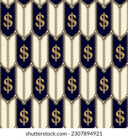 Chevron geometric pattern with gold realistic chains, dollar sign, beads. Tile staggered seamless background. Classic elegance design.