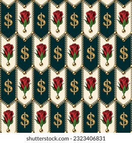 Chevron geometric pattern with gold realistic chains, dollar sign, red roses, beads. Tile staggered seamless background. Classic elegance design.