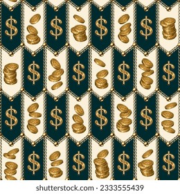 Chevron geometric pattern with gold realistic chains, dollar sign, stacks of one dollar coins, beads. Tile staggered seamless background. Classic elegance design.