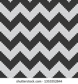 Chevron jacquard knitted seamless pattern.  Black and white graphical large background. Vector illustration.