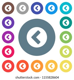 Chevron left flat white icons on round color backgrounds. 17 background color variations are included.