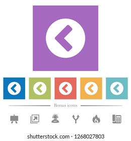 Chevron left flat white icons in square backgrounds. 6 bonus icons included.