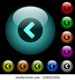 Chevron left icons in color illuminated spherical glass buttons on black background. Can be used to black or dark templates
