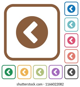 Chevron left simple icons in color rounded square frames on white background