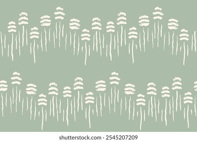 Chevron made of horizontal white solid flower shapes with vertical stems on mint green background. A seamless vector pattern. Great for home decor, fabric, wallpaper, gift-wrap, stationery and packing