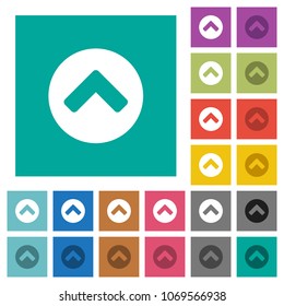 Chevron up multi colored flat icons on plain square backgrounds. Included white and darker icon variations for hover or active effects.