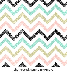 Chevron Pastel Colors Seamless Pattern. Hand Drawn Doodle Sketch Grunge Strokes. Vector Abstract Zigzag Striped Colorful Background.
