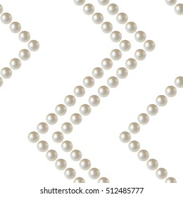 Chevron pattern. Beautiful 3D shiny natural White Pearl wavy seamless pattern. Zigzag ornament. Waves. Garlands. Beads. Wedding theme. Vector Illustration. 