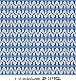 Chevron pattern of blue, cream, and black color. Abstract geometric background for concept of seamless pattern, square pixel, cold tone, simple, and classic. For cover, decor, fashion, and textile.