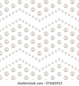 Chevron pattern. Realistic natural White Pearl. Beautiful 3D shiny wavy seamless pattern. Zigzag ornament. Waves. Garlands. Beads. Wedding theme. Vector Illustration. 