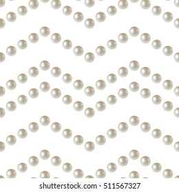 Chevron pattern. Realistic natural White Pearl. Beautiful 3D shiny wavy seamless pattern. Zigzag ornament. Waves. Garlands. Beads. Wedding theme. Vector Illustration. 
