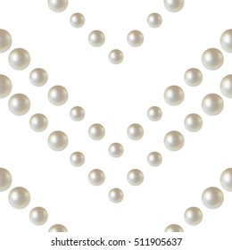 Chevron pattern. Realistic natural White Pearl. Beautiful 3D shiny wavy seamless pattern. Zigzag ornament. Waves. Garlands. Beads. Wedding theme. Vector Illustration. 