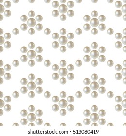 Chevron pattern. Realistic natural White Pearl. Beautiful 3D shiny wavy seamless pattern. Zigzag ornament. Waves. Garlands with flowers. Beads. Wedding theme. Vector Illustration. 