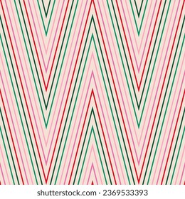 Chevron pattern. Retro vintage style zigzag stripes seamless background. Vector colorful ornament with diagonal lines, zig zag. Simple abstract geometric design in green, pink, red, beige colors
