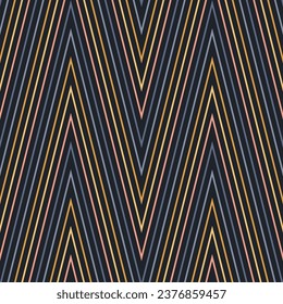Patrón de cheurón. Estilo retro vintage zigzag rayas fondo sin fisuras. Ornamento vectorial colorido con líneas diagonales coloridas, zag zig a rayas. Patrón geométrico abstracto simple. Diseño geográfico repetido