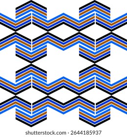 Chevron pattern vector in black, blue and brown tone. Seamless background of chevron in bold zigzag stripes. Concept of geometric design, lines, contrast, contemporary, dynamic for paper, textiles.