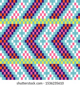 Chevron pixel art seamless pattern blue purple blocks shapes texture. Bright colors geometric arrow vector fabric background.