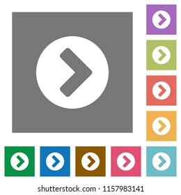 Chevron right flat icons on simple color square backgrounds