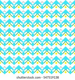 Chevron seamless animal pattern vector geometric arrow design with bunny on grass standing at open clear sunny weather birds ares flying aqua blue and white funny art