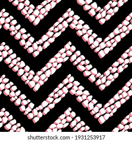 Chevron Seamless Pattern. Hand Drawn Doodle Spots. Vector Abstract Zigzag Striped Black Background with White and Pink Stains