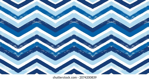 Chevron seamless vector pattern. Watercolor stripe summer background, Abstract zigzag blue print, Graphic striped texture, dry brush lines