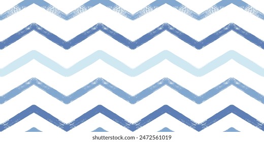 Chevron seamless vector pattern. Watercolor zigzag blue print, textured zig zag waves stripes background