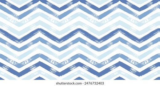 Chevron seamless vector pattern. Watercolor zigzag blue print, textured zig zag waves stripes background