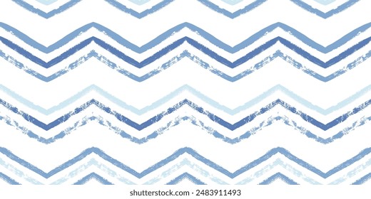 Chevron seamless vector pattern. Watercolor zigzag blue print, textured zig zag waves stripes background