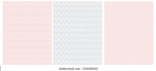 Chevron Seamless Vector Patterns. 3 Various Chevron Print. White Zig Zags Isolated on a Light Pink and Gray Background. Simple Pastel Color Geometric Repeatable Design ideal for Fabric. 