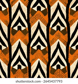 Chevron vormen in de stijl van de Afrikaanse kunst, in oranje en zwart met een witte achtergrond, grunge lijnen ikat patroon, ikat naadloze patroon, Vector illustratie achtergrond voor het afdrukken van het papier.