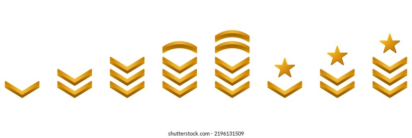 Chevron Stripes Badge Gold Symbol. Military Insignia Soldier Sergeant, General, Major, Officer, Lieutenant, Colonel Patch Emblem. Army Rank Golden Logo. Isolated Vector Illustration.