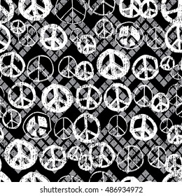 Chevron Tile Hand Doodled Peace Sign Seamless Repeat Background - Black and White Monochromatic Colour Palette