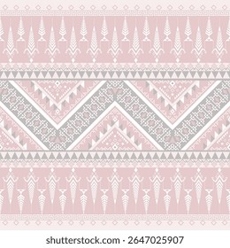 Chevron tribal pattern combined with stylized leaf motifs in soft pink and gray palette. Balanced and detailed layout ideal for textile and surface design.